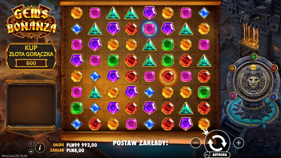 Gems Bonanza, screen after a spin Gems Bonanza, screen after a spin