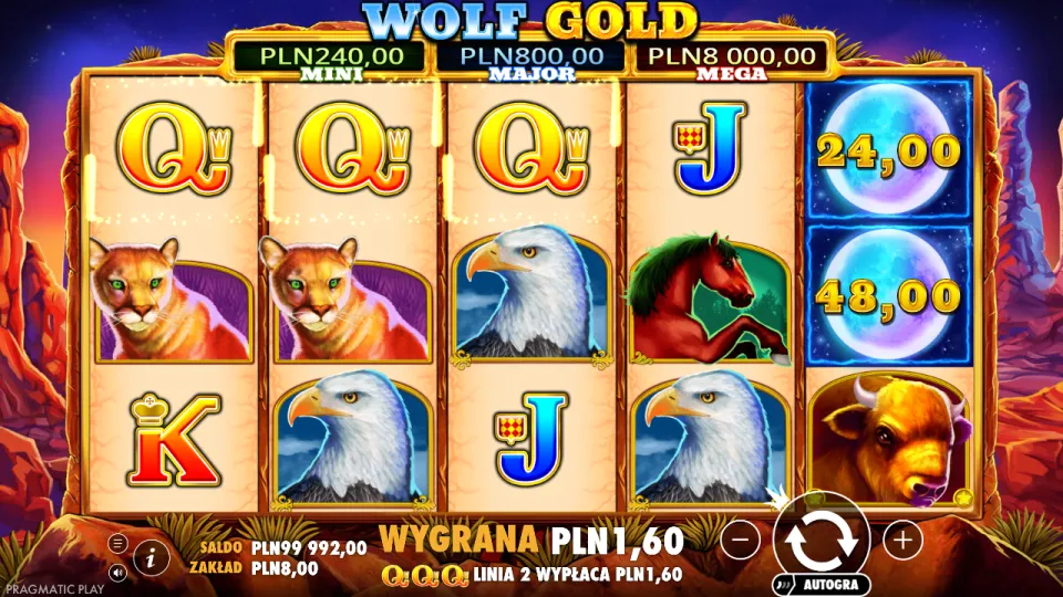 Wolf Gold, screen after a spin Wolf Gold, screen after a spin