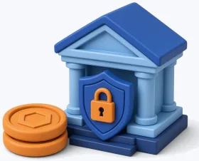 Bank building with a shield and padlock next to two orange coins, a symbol of bank limits on crypto payments