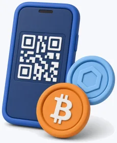 Smartphone showing a QR code with a Bitcoin coin in front, a symbol of a crypto casino deposit