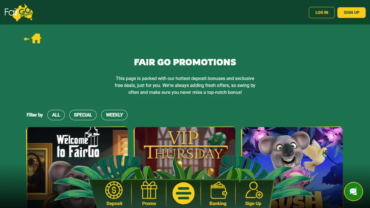 Fair Go Casino promotions page with filter tabs and the welcome bonus