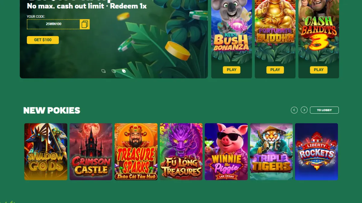 Fair Go Casino lobby with Bush Bonanza and the New pokies row