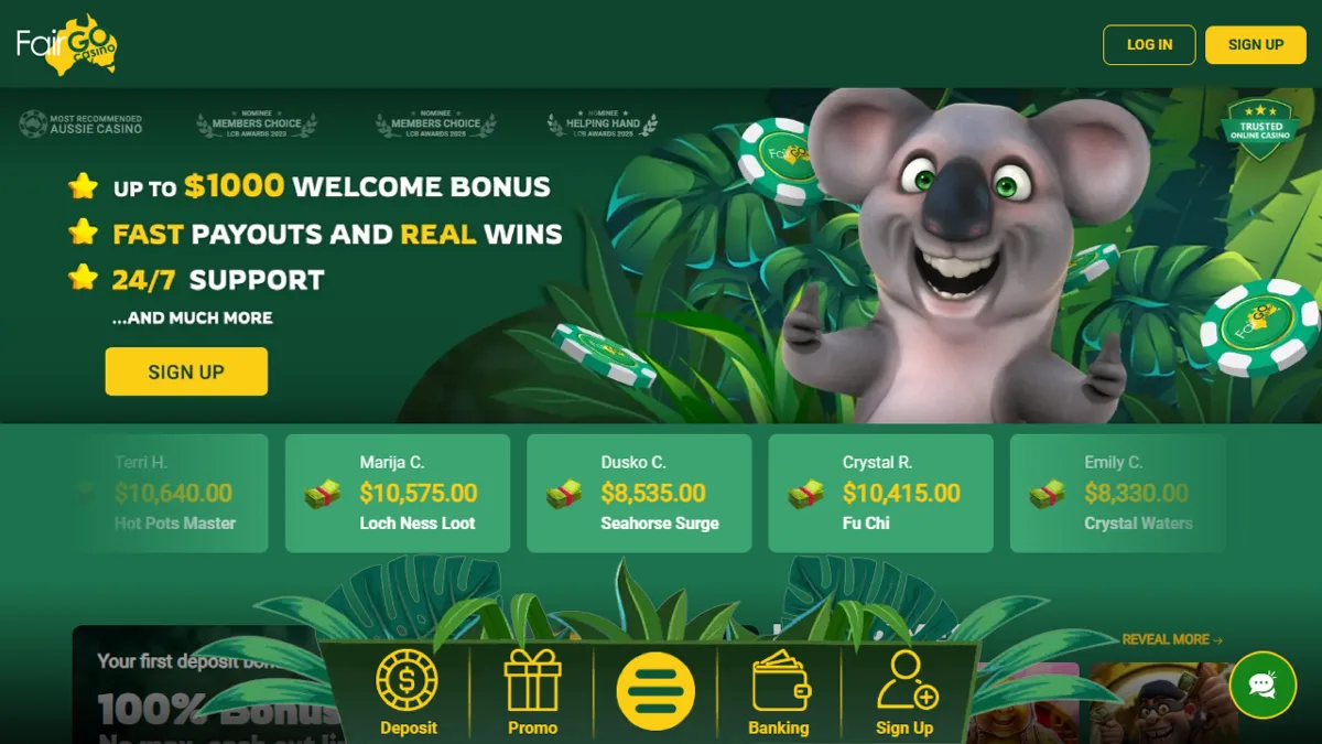 Fair Go Casino home page with Kev the koala and the up to A$1,000 welcome bonus banner