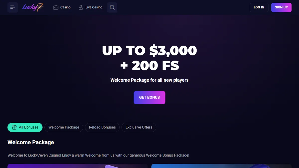 Lucky7even Casino welcome package page, up to A$3,000 + 200 free spins