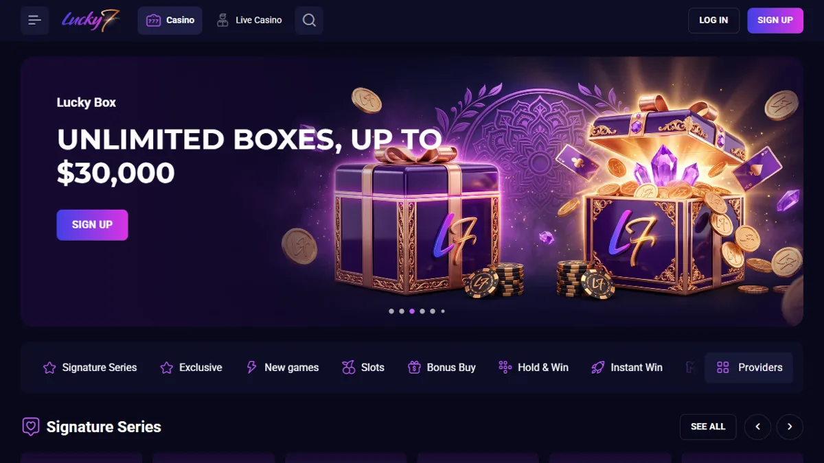 Lucky7even Casino home page with the Lucky Box banner offering unlimited boxes up to A$30,000