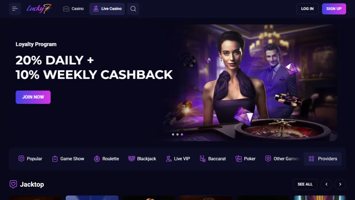 Lucky7even Casino live casino page with the 20% daily and 10% weekly cashback banner and game show, roulette and blackjack tabs