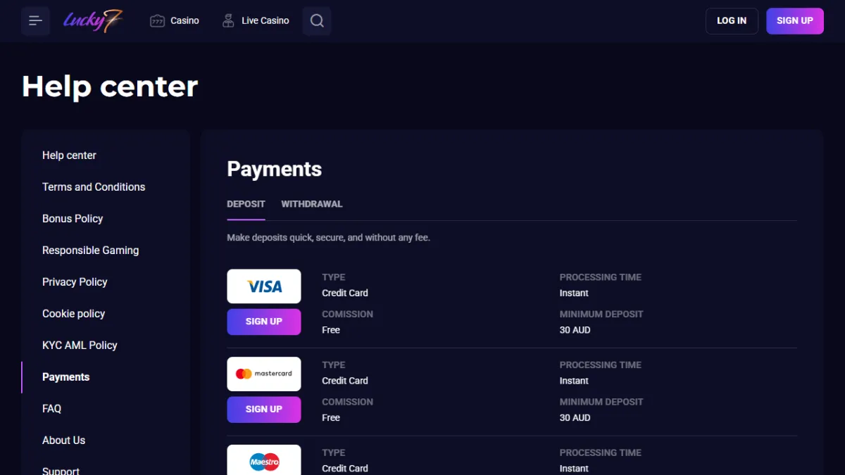 Lucky7even Casino help centre payments page with card deposits, commission and processing time