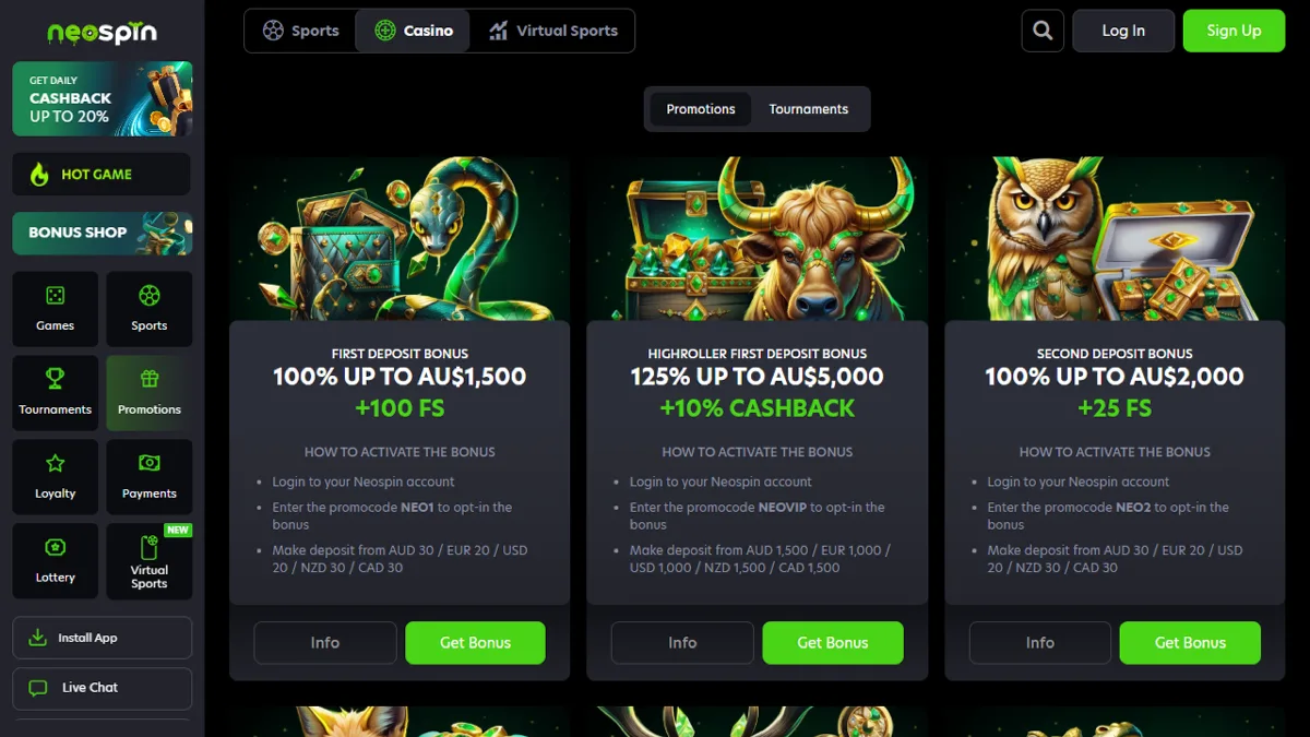 Neospin Casino promotions with the first deposit, high roller and second deposit bonuses