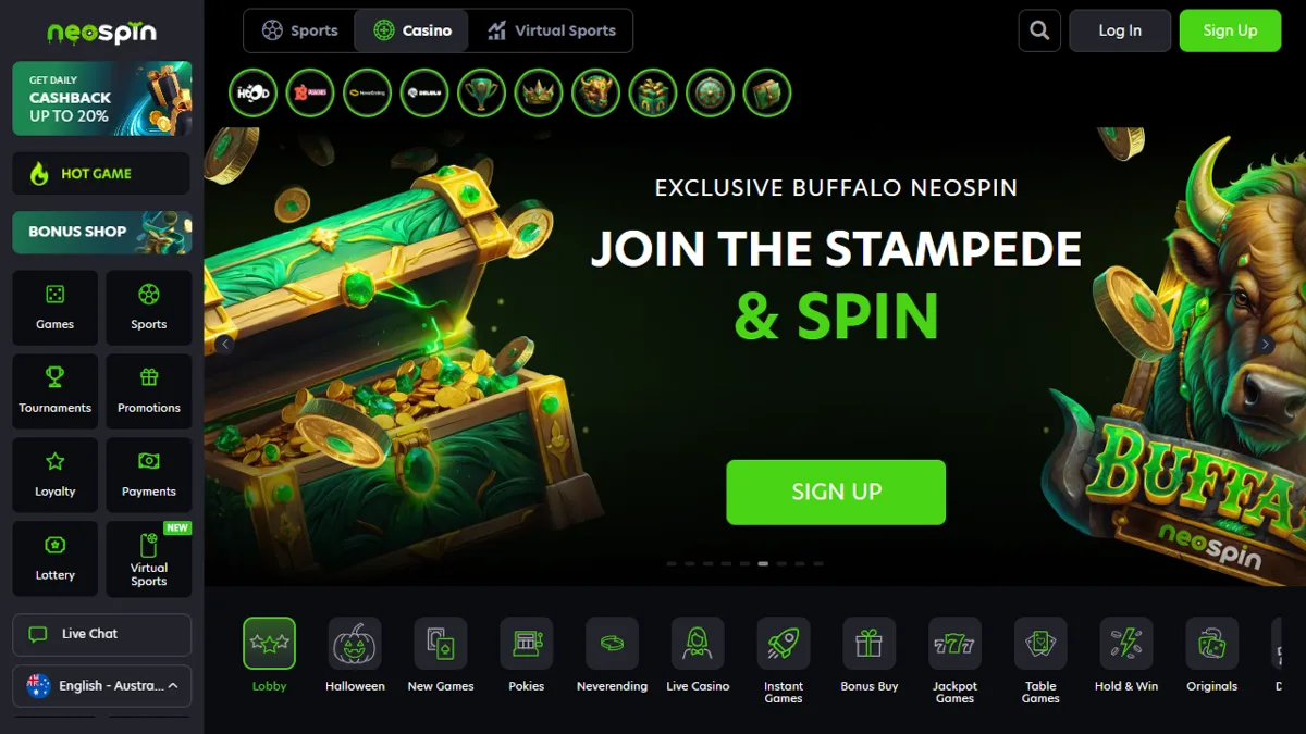 Neospin Casino home page with the Exclusive Buffalo Neospin banner and the game category bar