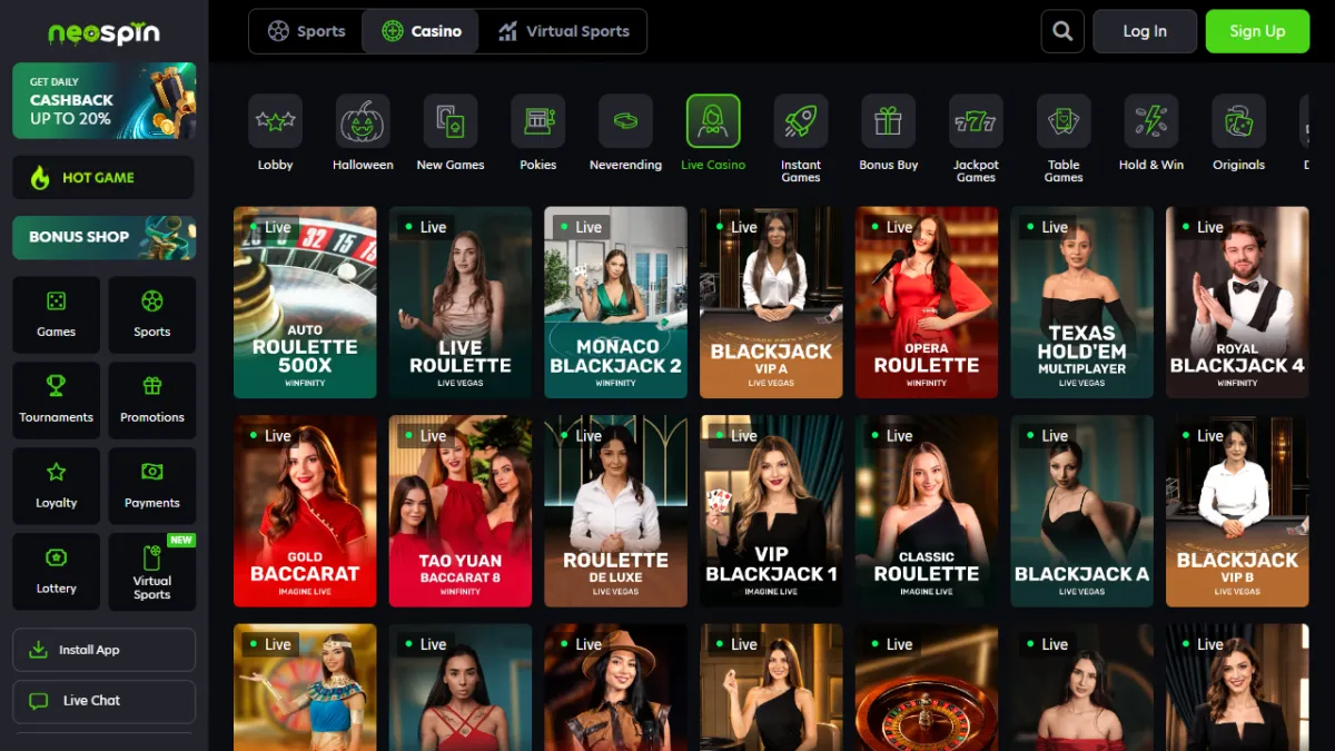 Neospin Casino live casino lobby with roulette, blackjack, baccarat and Texas Hold'em tables