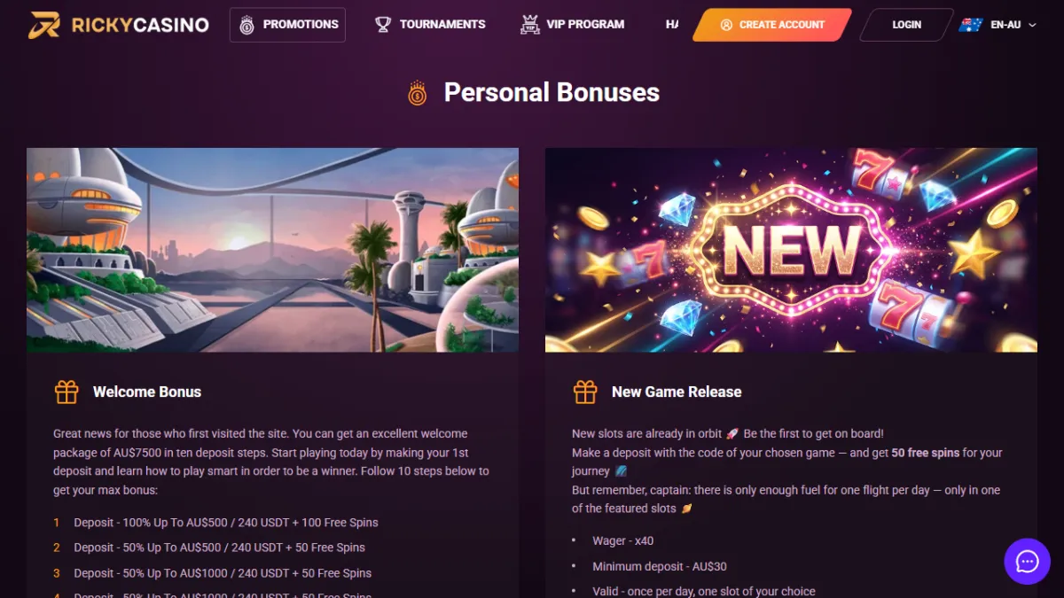 Ricky Casino promotions page with the ten step welcome bonus and the new game release offer
