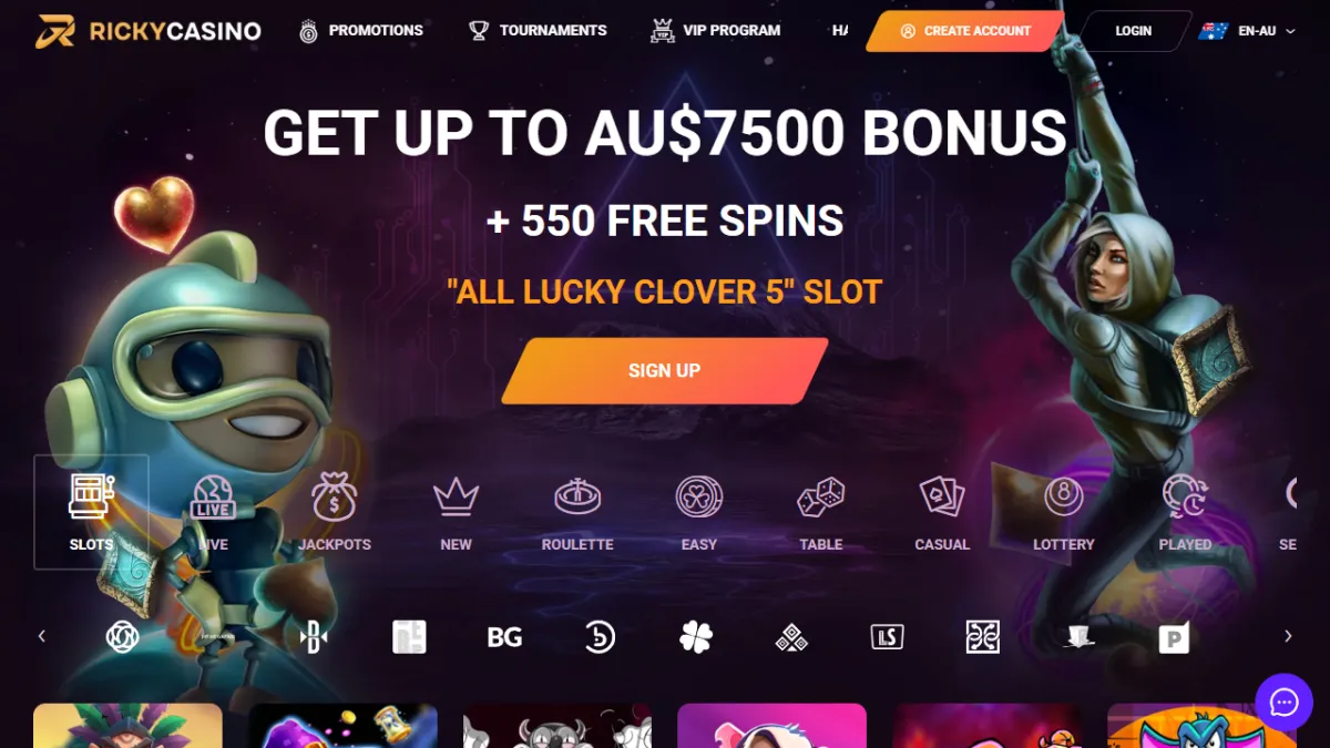 Ricky Casino lobby with game categories under the A$7,500 + 550 free spins banner
