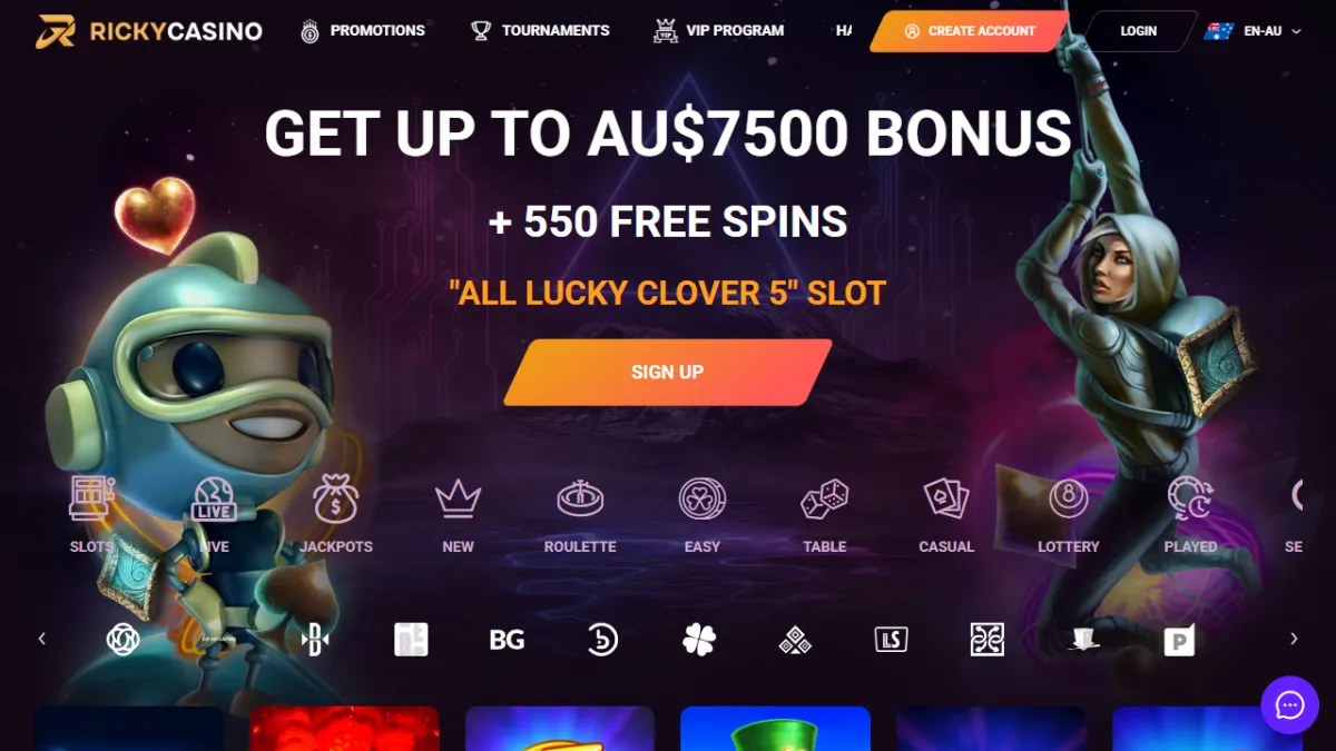 Ricky Casino home page with the A$7,500 bonus and 550 free spins banner, game categories and provider bar