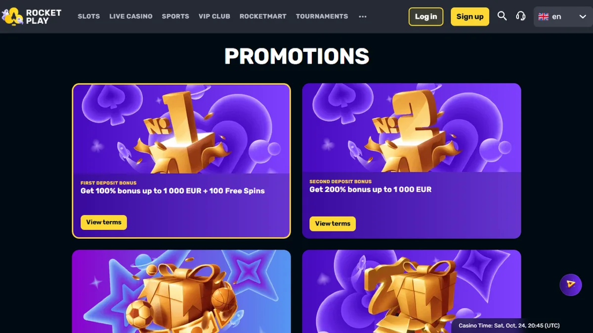 RocketPlay Casino promotions page with the first and second deposit bonuses