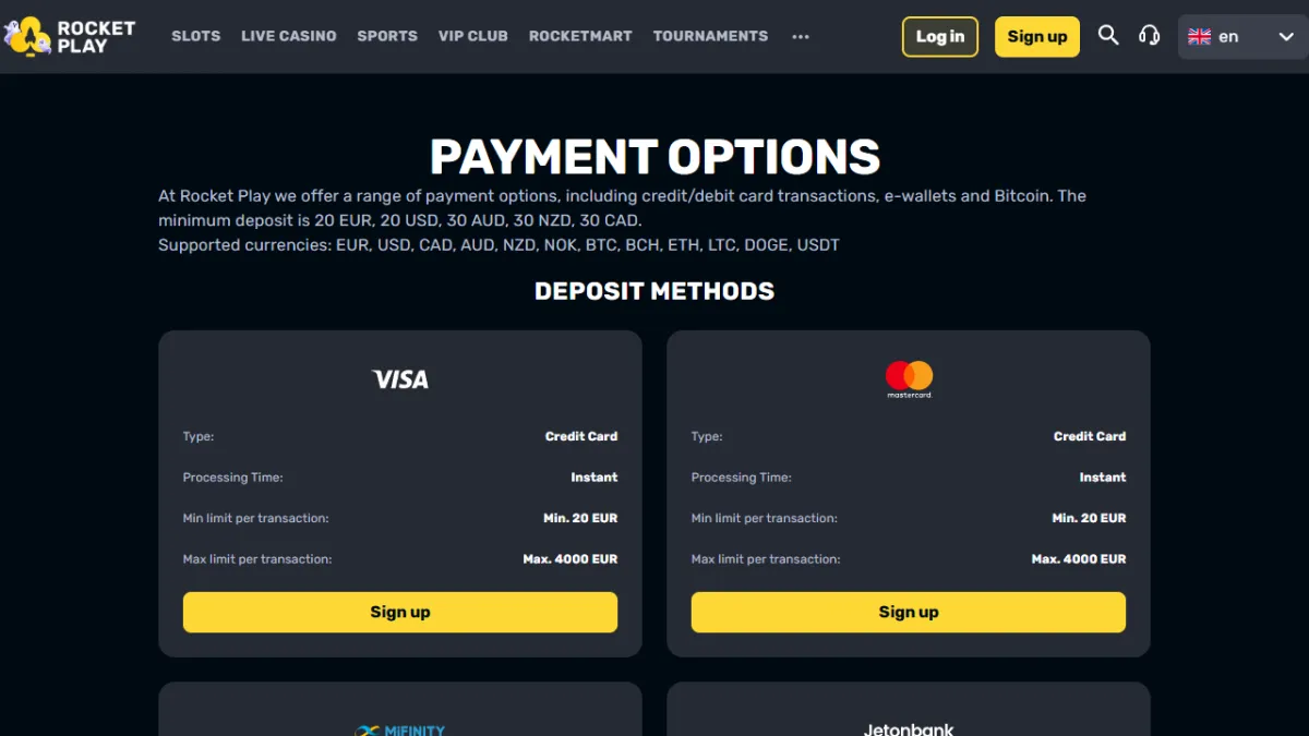 RocketPlay Casino payment options page with Visa and Mastercard limits and supported currencies