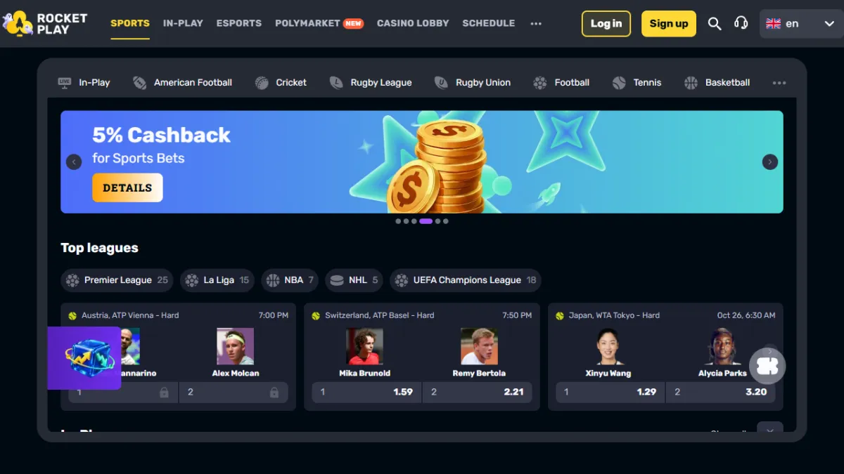 RocketPlay Casino sportsbook with the 5% sports cashback banner and top leagues
