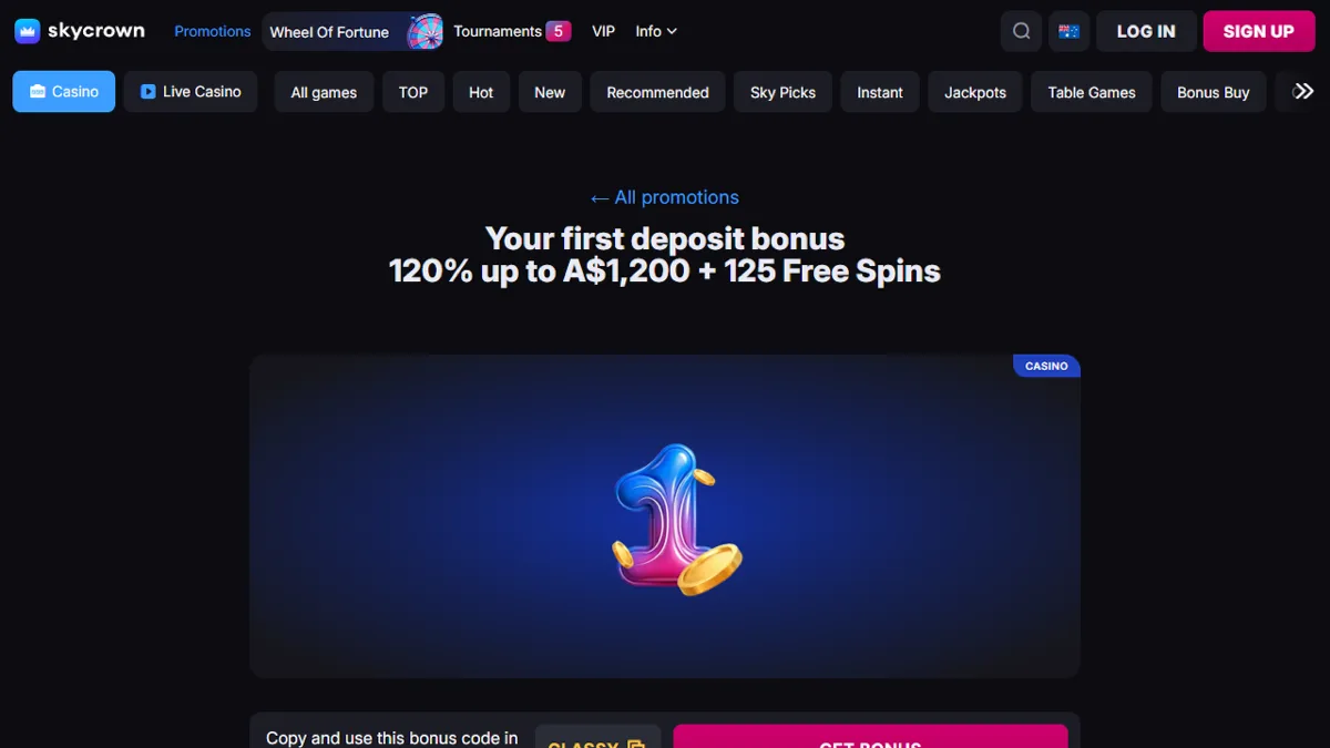 SkyCrown Casino first deposit bonus page, 120% up to A$1,200 + 125 free spins with the code CLASSY