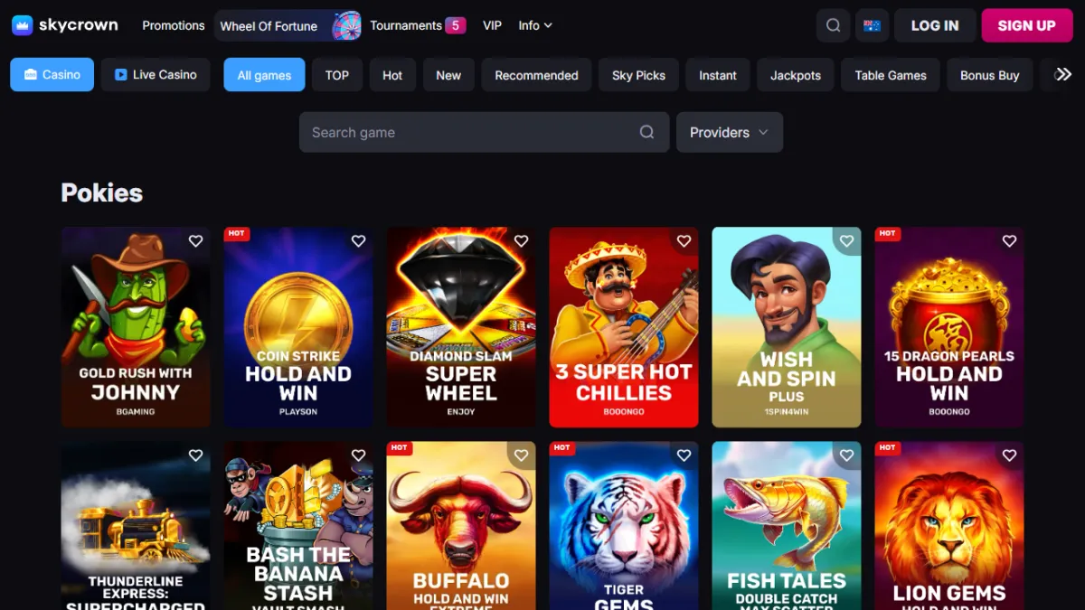 SkyCrown Casino pokies lobby with Gold Rush with Johnny, Coin Strike Hold and Win and Lion Gems
