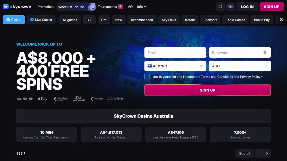 SkyCrown Casino home page with the A$8,000 + 400 free spins welcome pack and sign up form