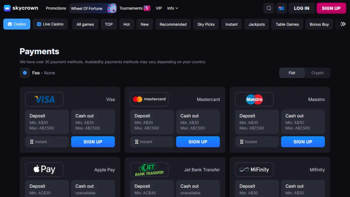 SkyCrown Casino payments page with Visa, Mastercard, Maestro, Apple Pay, Jet Bank Transfer and MiFinity deposit and cash out limits
