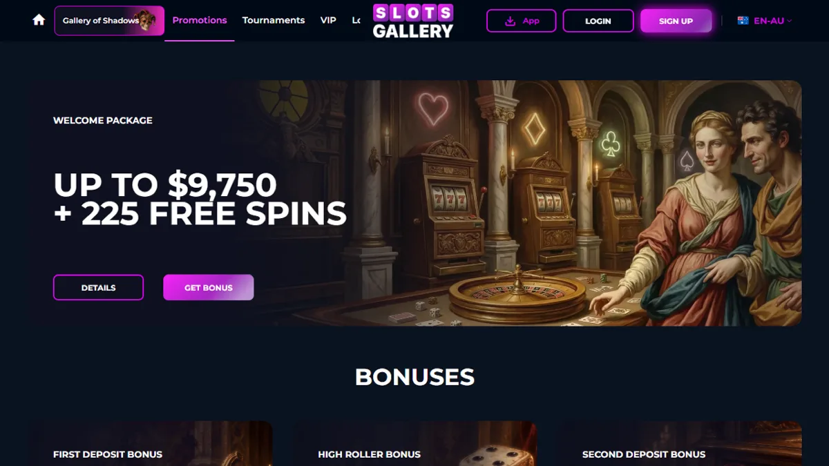 Slots Gallery Casino welcome package page, up to A$9,750 + 225 free spins