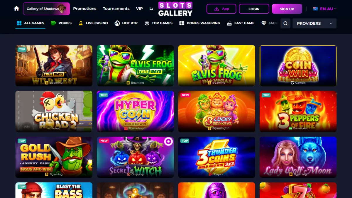 Slots Gallery Casino game lobby with tabs for pokies, live casino, hot RTP and bonus wagering games