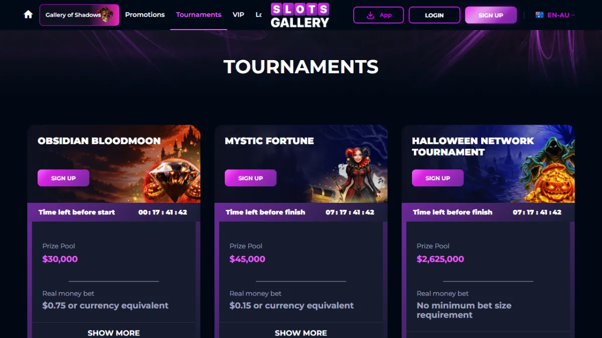 Slots Gallery Casino tournaments page with Obsidian Bloodmoon, Mystic Fortune and the Halloween Network tournament prize pools