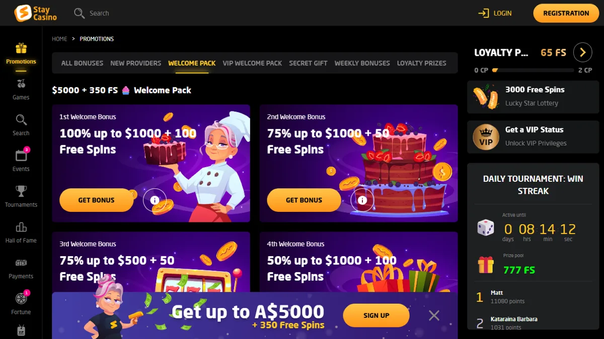 Stay Casino promotions page with the welcome pack bonuses and the up to A$5,000 weekly cashback banner