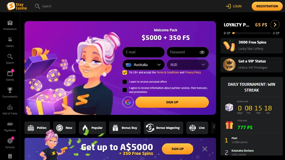 Stay Casino home page with the A$5,000 + 350 free spins welcome pack and sign up form