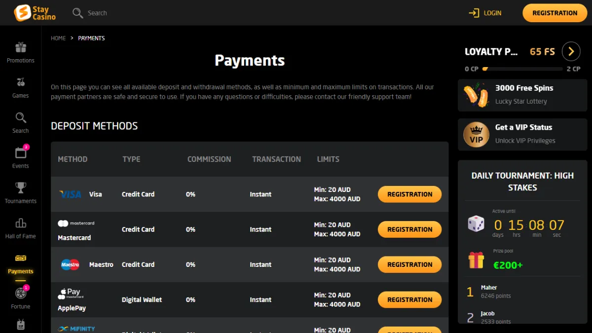 Stay Casino payments page with Visa, Mastercard, Maestro and Apple Pay, commission and limits
