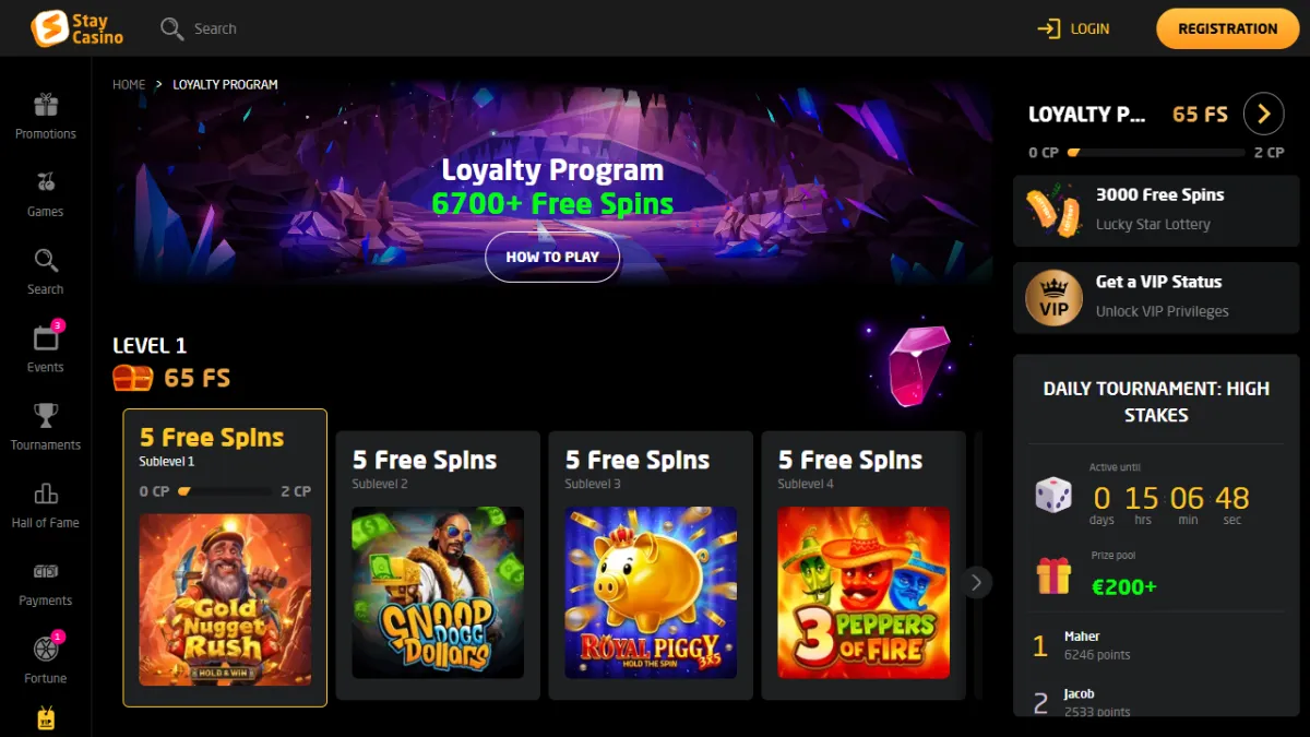 Stay Casino loyalty program page with 6,700+ free spins and the level 1 rewards