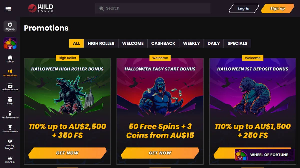 Wild Tokyo Casino promotions with the Halloween high roller, easy start and first deposit bonuses