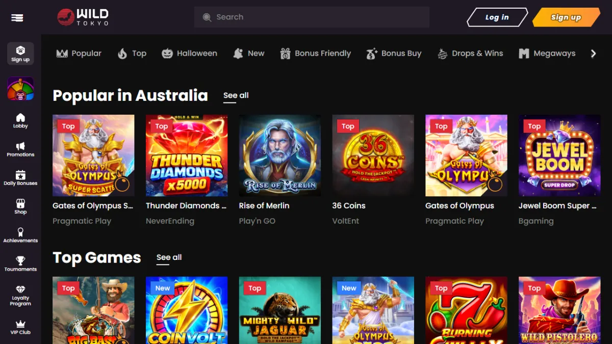 Wild Tokyo Casino lobby with the Popular in Australia and Top Games rows