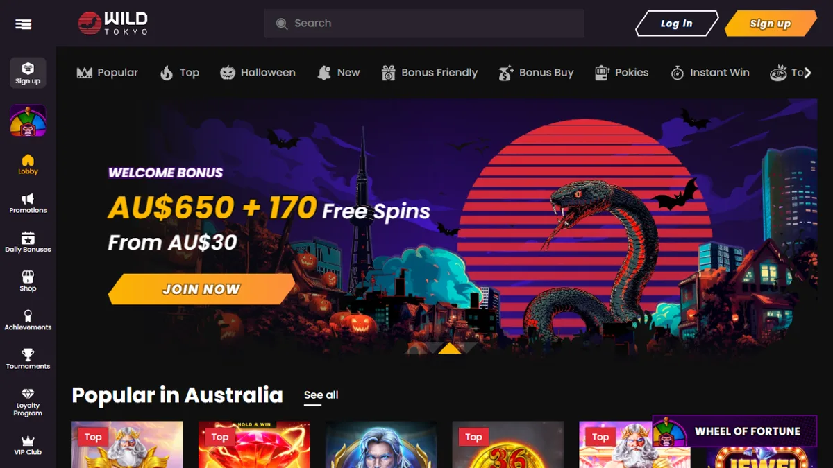 Wild Tokyo Casino home page with the A$650 + 170 free spins welcome bonus banner and Popular in Australia games