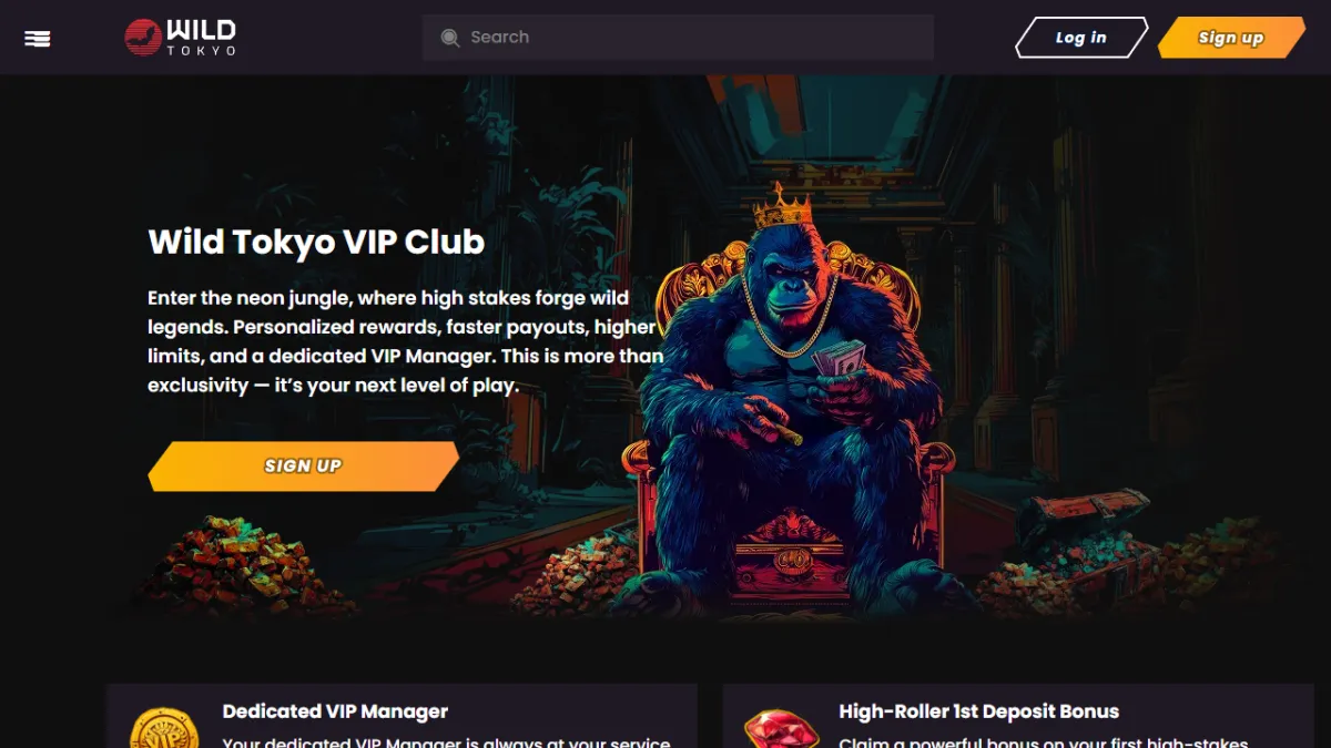 Wild Tokyo Casino VIP Club page with a dedicated VIP manager and the high roller first deposit bonus