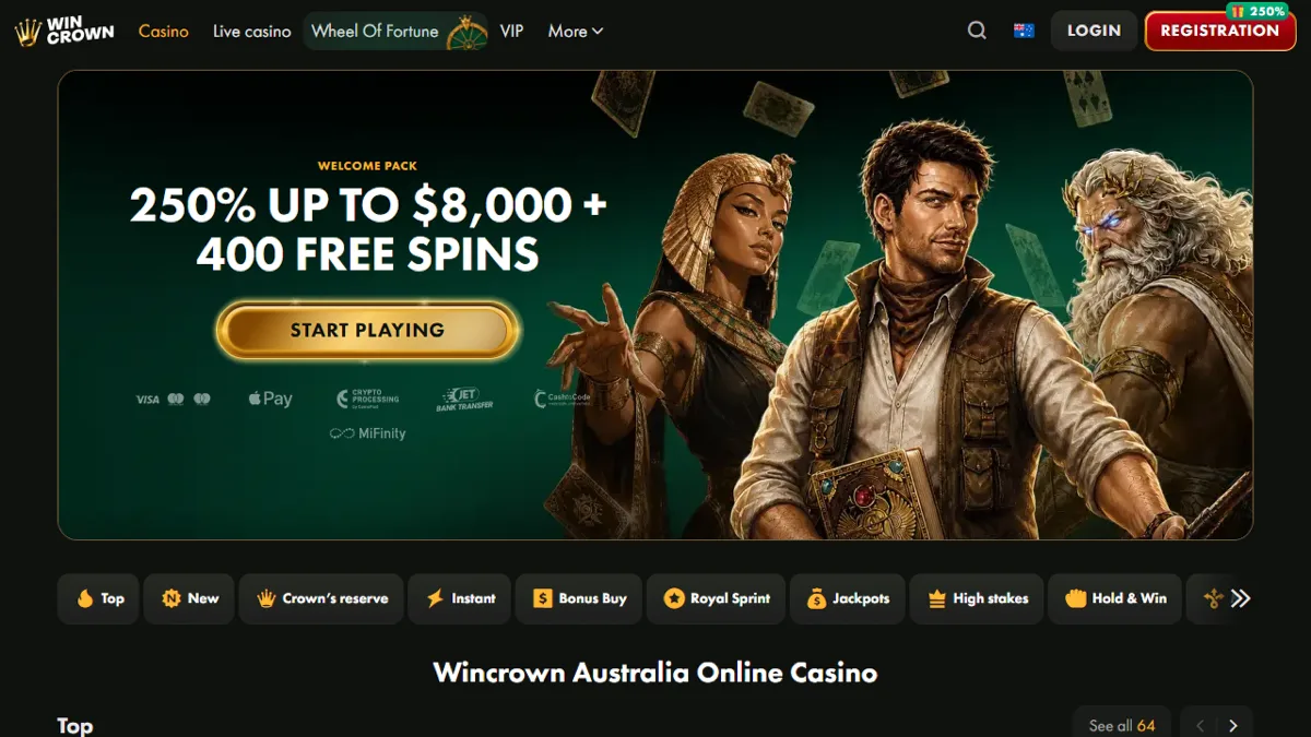 WinCrown Casino home page with the 250% up to A$8,000 + 400 free spins welcome pack banner