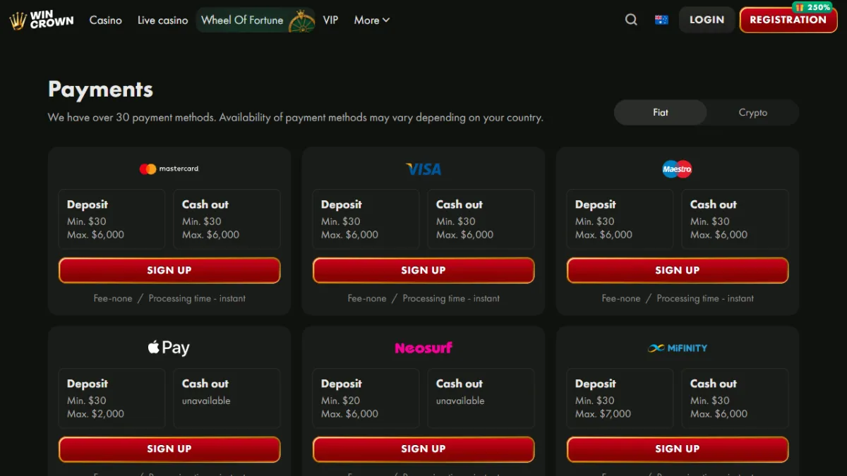 WinCrown Casino payments page with Mastercard, Visa, Maestro, Apple Pay, Neosurf and MiFinity limits