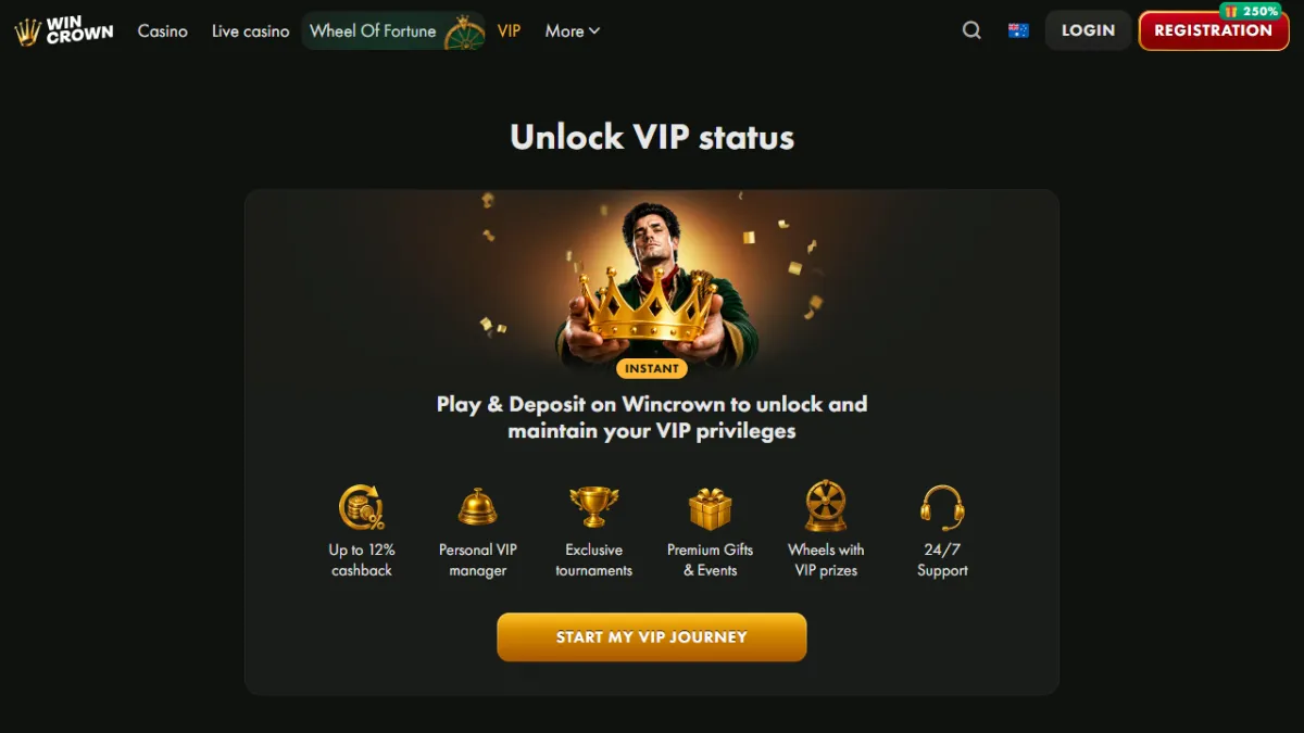 WinCrown Casino VIP page with cashback, a personal VIP manager, exclusive tournaments and 24/7 support